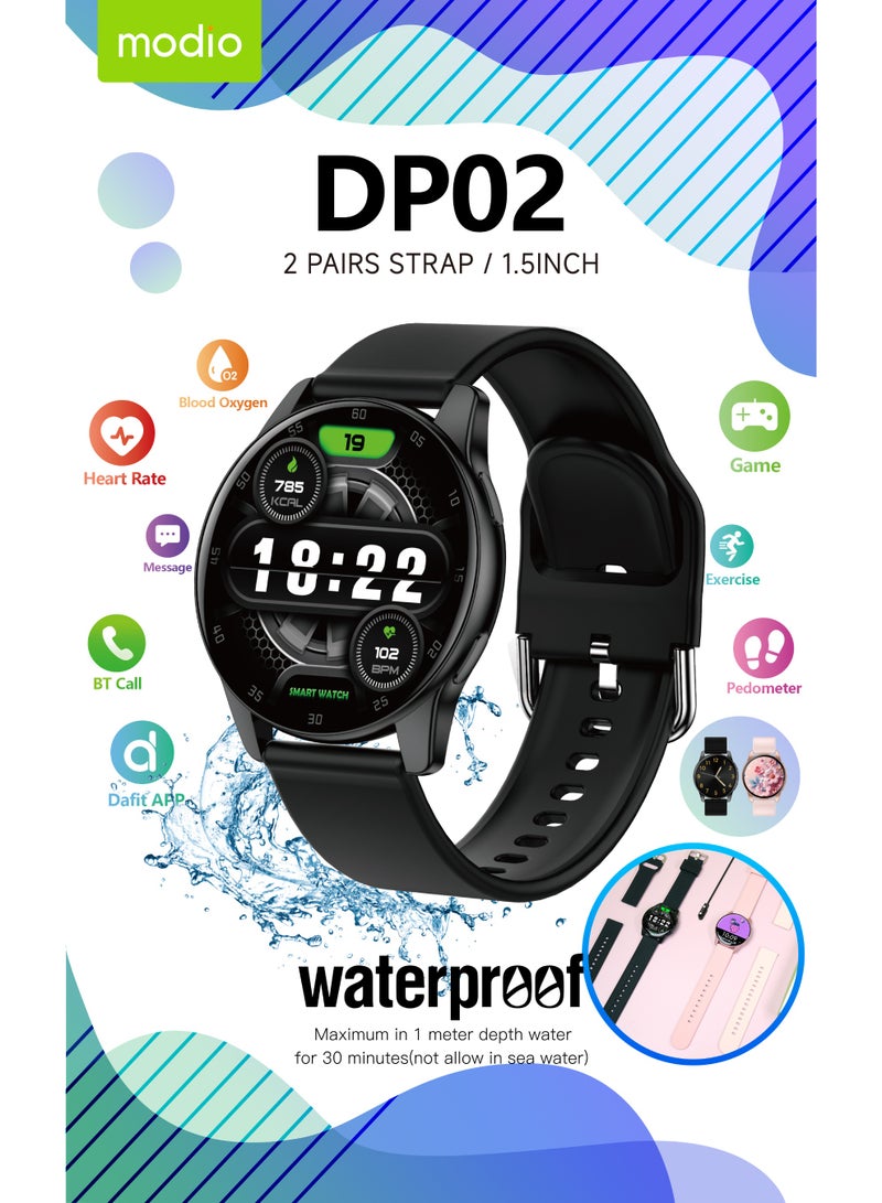 موديو ساعة Modio DP02 الذكية المقاومة للماء، بشاشة منحنية 1.5 بوصة، تدعم مكالمات البلوتوث، مزودة بزوجين من الأساور وكابل شحن، مصممة للرجال والنساء، لون أسود - Image 2